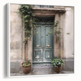 Vintage poster art of a French door, framed on canvas in black, with colorful accents, ideal for living room decor.