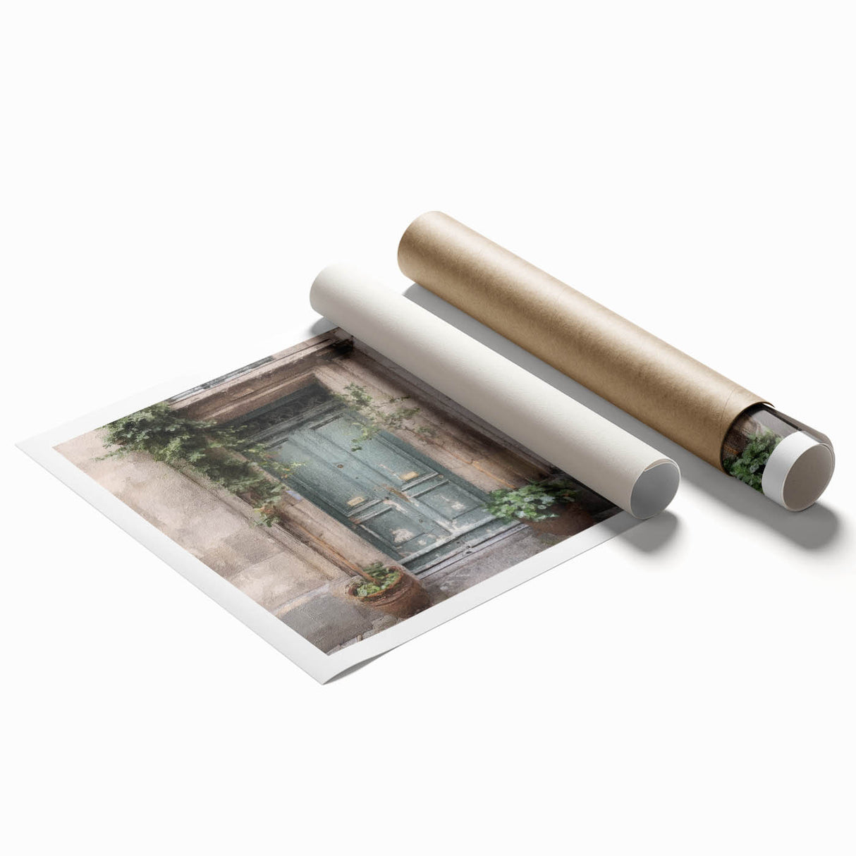 Extra large rolled print featuring a detailed French door design with floral accents in muted tones.