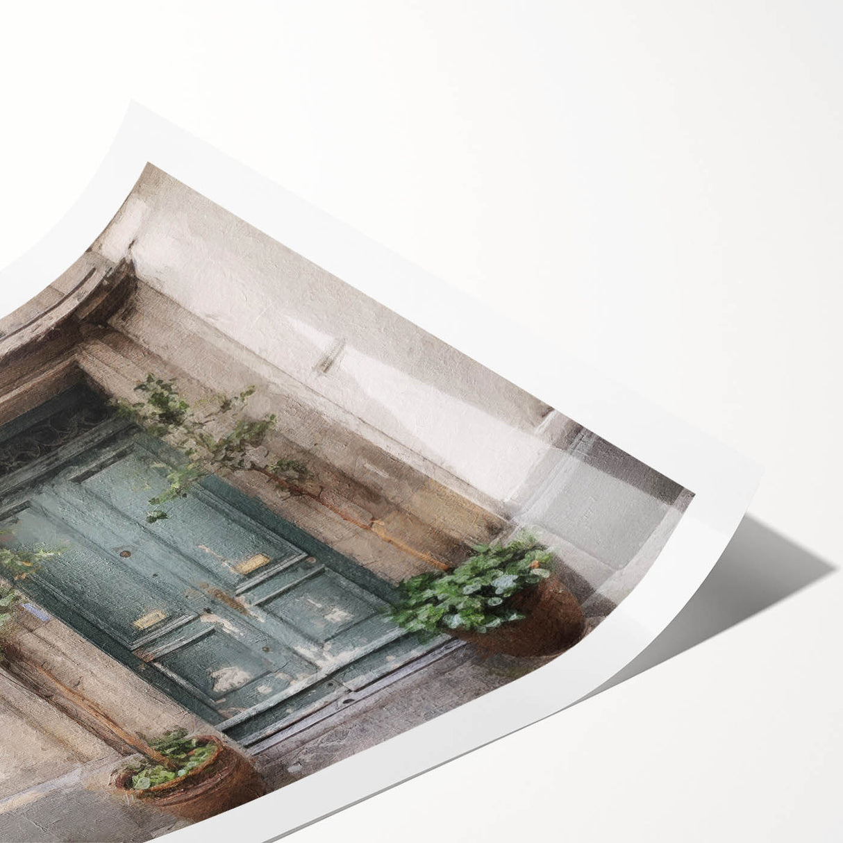 Extra large rolled print featuring line art flowers and French door architecture, set in muted earth tones.