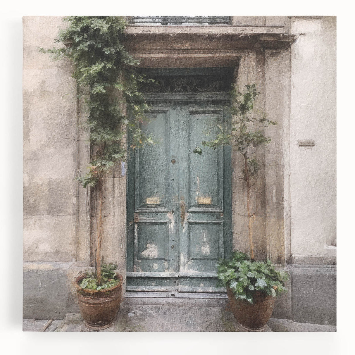 Black and white photograph of a French door architecture on stretched canvas, suitable as large kitchen wall art.