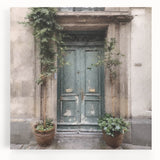 Black and white photograph of a French door architecture on stretched canvas, suitable as large kitchen wall art.