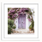 Abstract art print of a stylized Greek door in muted beige and white, framed with a white mat, ideal for dining room decor.