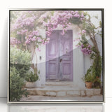 Mid-century modernist art of a Greek door, in muted earth tones on framed acrylic, suitable for modern art wall decor.