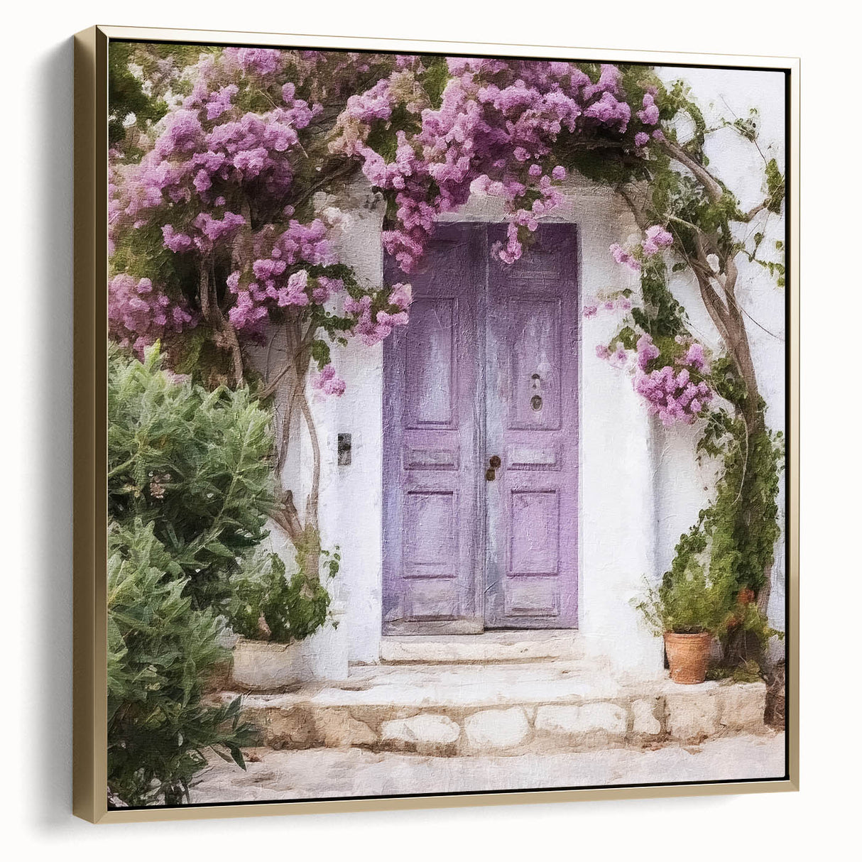 Framed canvas featuring a vintage poster art of a Greek door in silver and gold tones, ideal for bedroom wall decor.