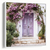Vintage poster art of a Greek door design on a framed canvas, featuring white and black tones, ideal for living room decor.