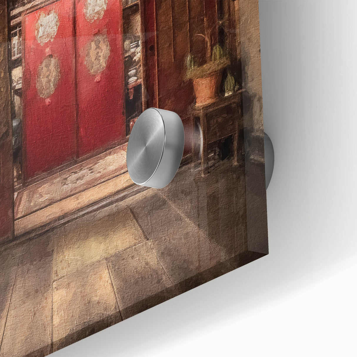 Close-up of a Japanese door design on acrylic glass, featuring mid-century modernist style, ideal for dining room art.