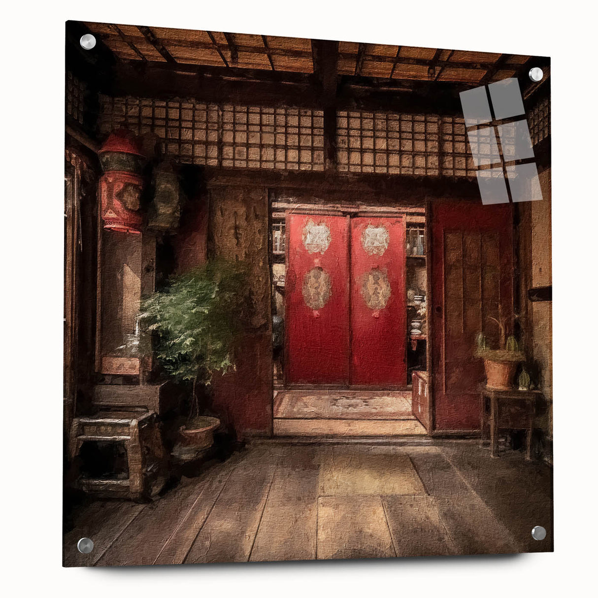 Acrylic print of a Japanese door in muted earth tones, suited for bedroom or dining room decor.