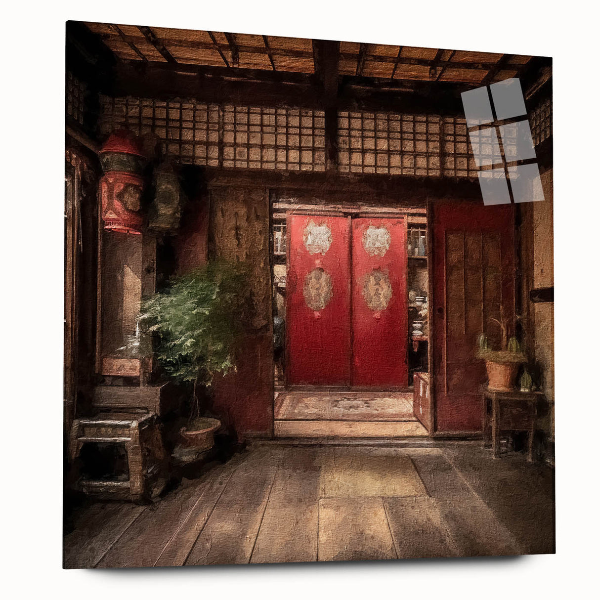 Large abstract wall art featuring a Japanese door design in muted earth tones on acrylic glass.