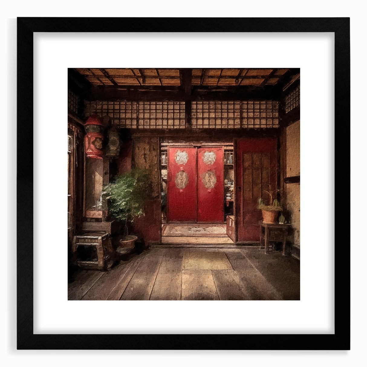 Extra large abstract art print of a colorful, textured Japanese door design on a black framed canvas.