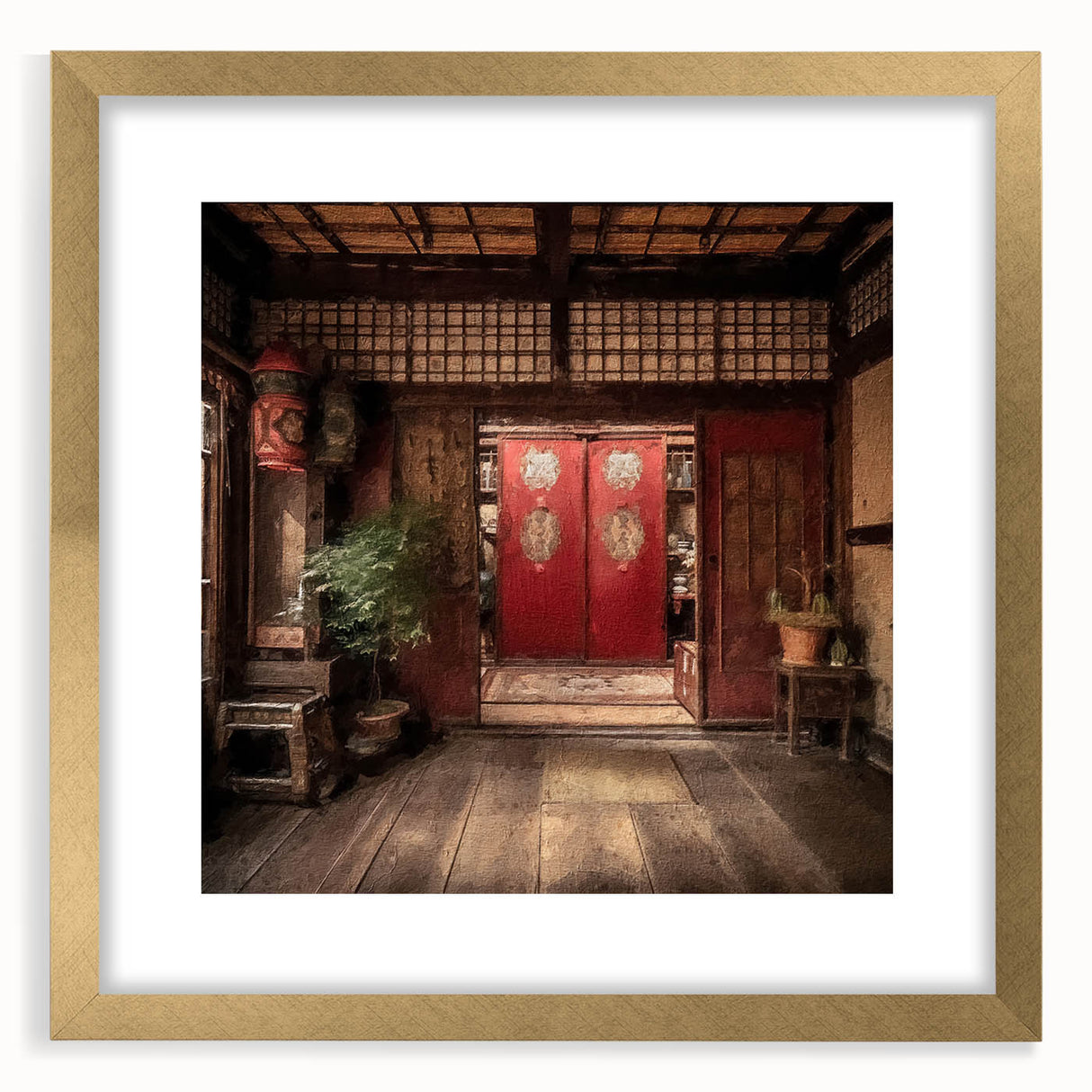 Extra large wall art featuring a textured abstract print of a Japanese door in muted gold and black, framed with a mat.