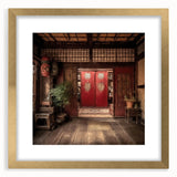 Extra large wall art featuring a textured abstract print of a Japanese door in muted gold and black, framed with a mat.