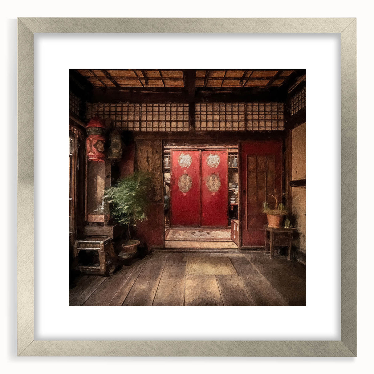 Textured abstract art print of a Japanese door, in muted earth tones on a framed canvas, suitable for bedroom decor.