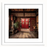 Abstract art print of a Japanese door, using muted earth tones on a white-framed mat, ideal for dining room decor.