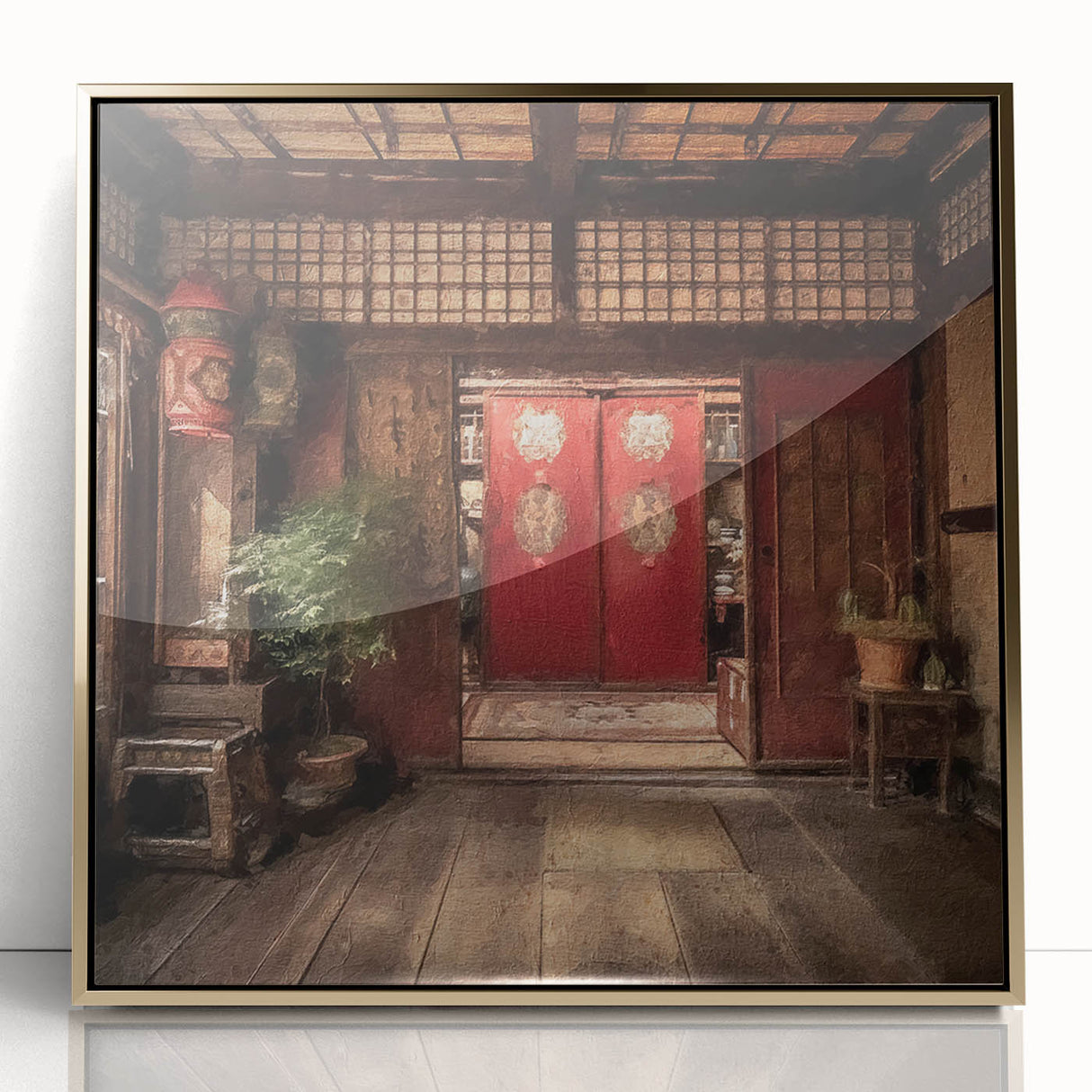 Mid-century modernist large art print of a Japanese door, framed in acrylic with gold tones.