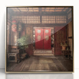 Mid-century modernist large art print of a Japanese door, framed in acrylic with gold tones.