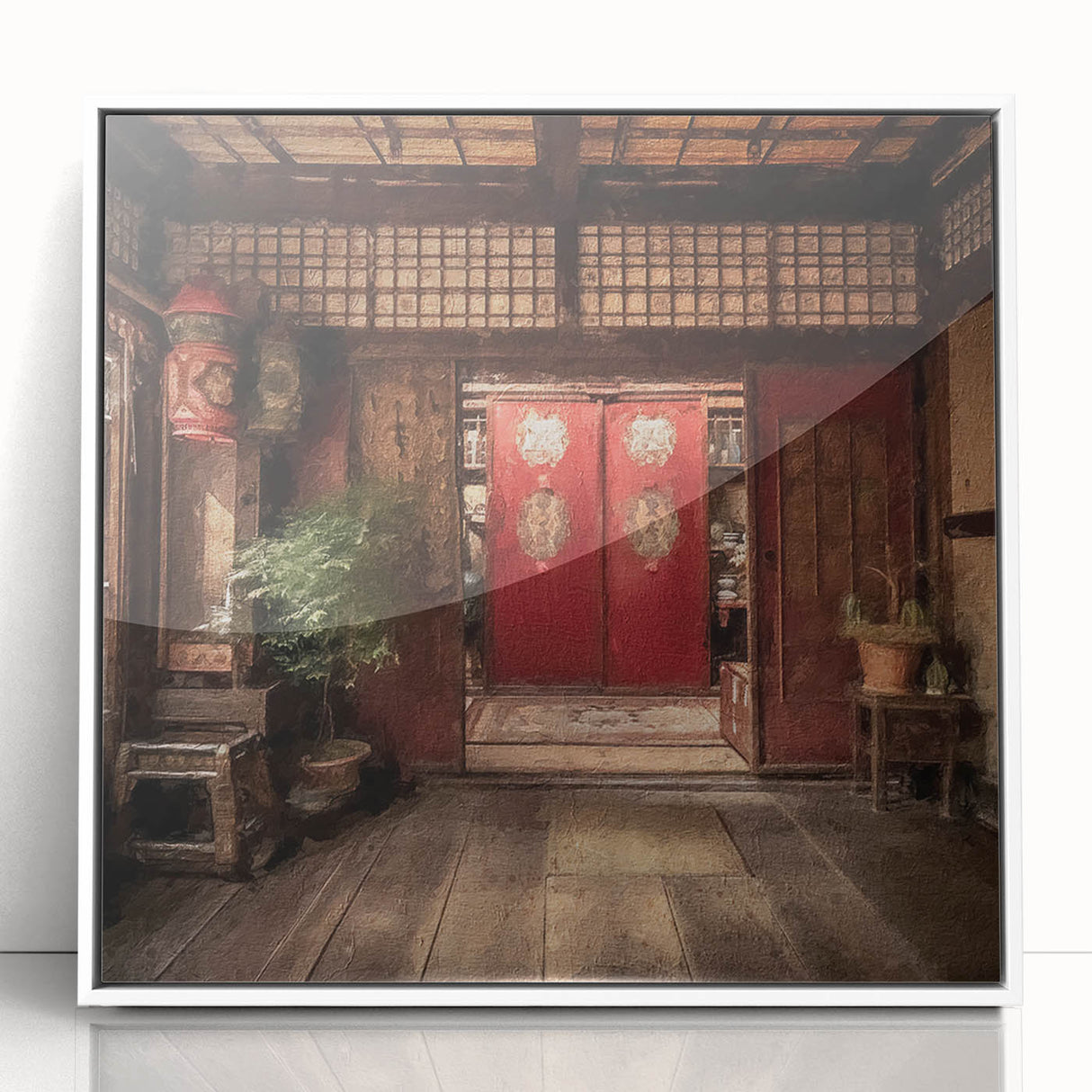 Art deco poster featuring a Japanese door design in black and white acrylic, ideal for modern art wall decor.