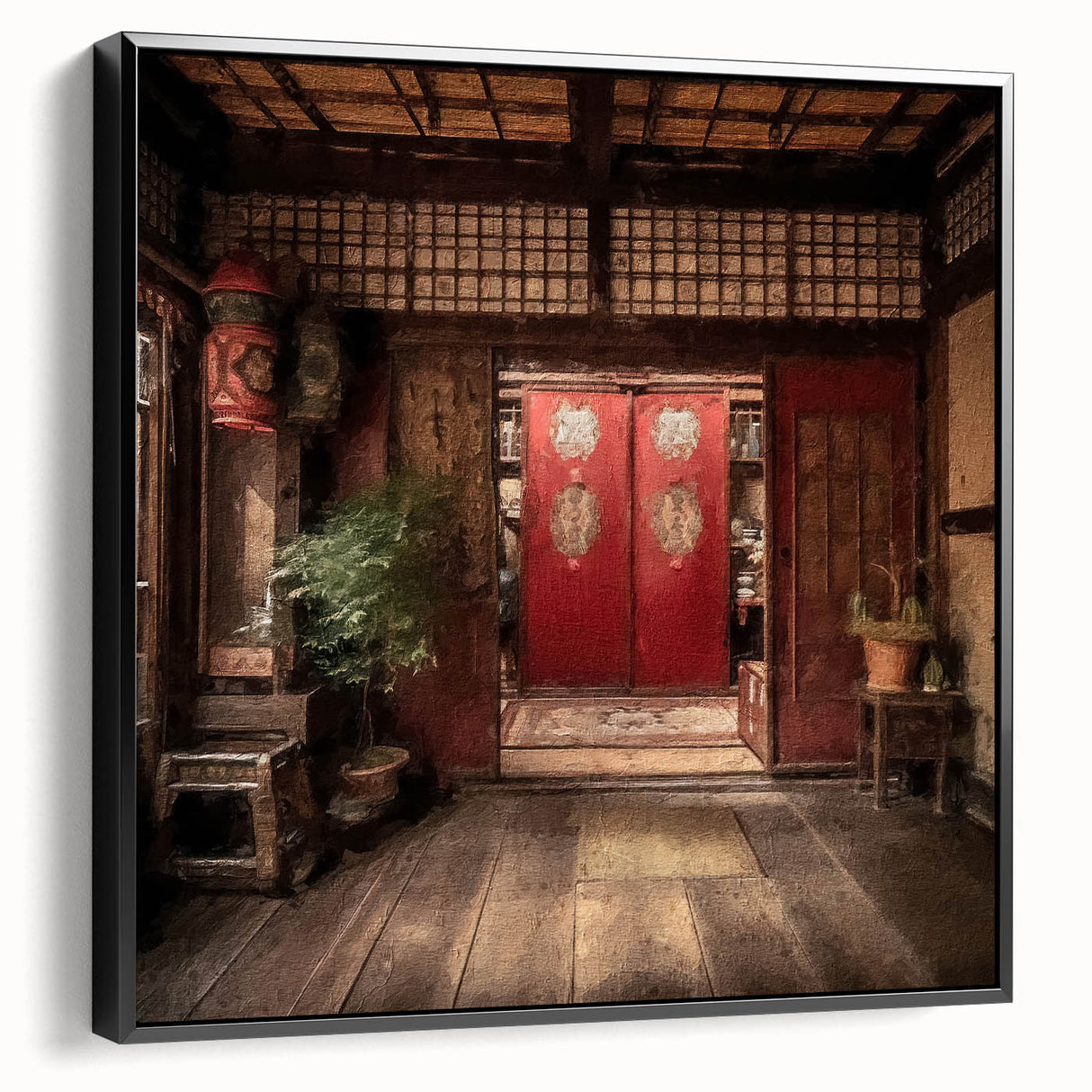 Black and white framed canvas featuring a vintage poster art of a Japanese door, ideal for bedroom wall decor.