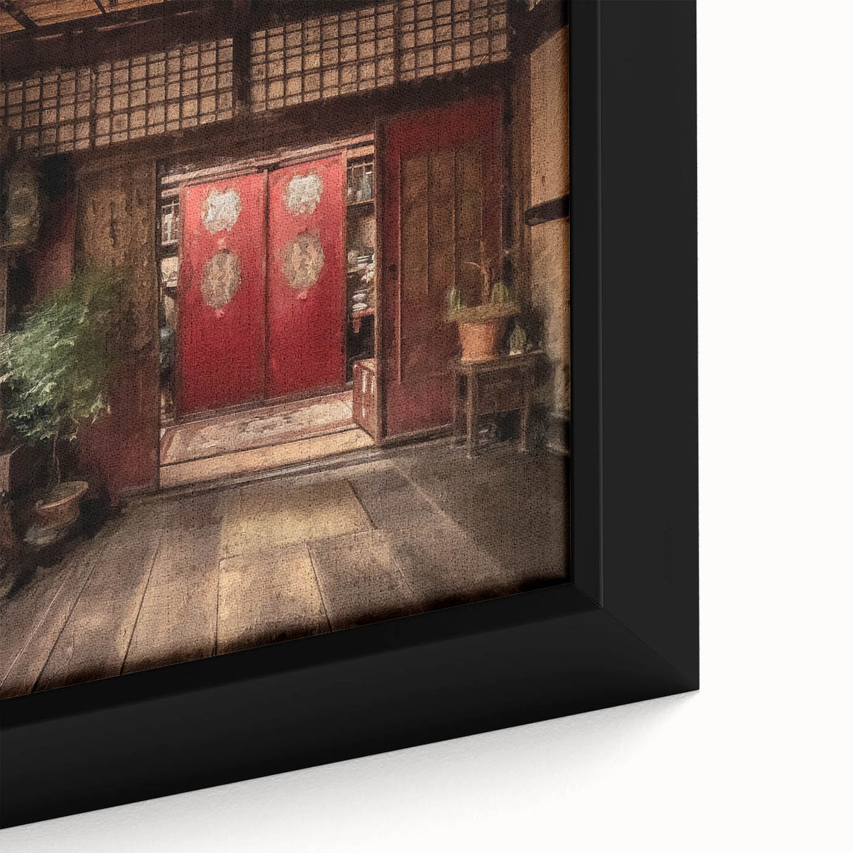 Close-up of a black framed canvas featuring a textured, colorful Japanese door design, ideal for living room decor.