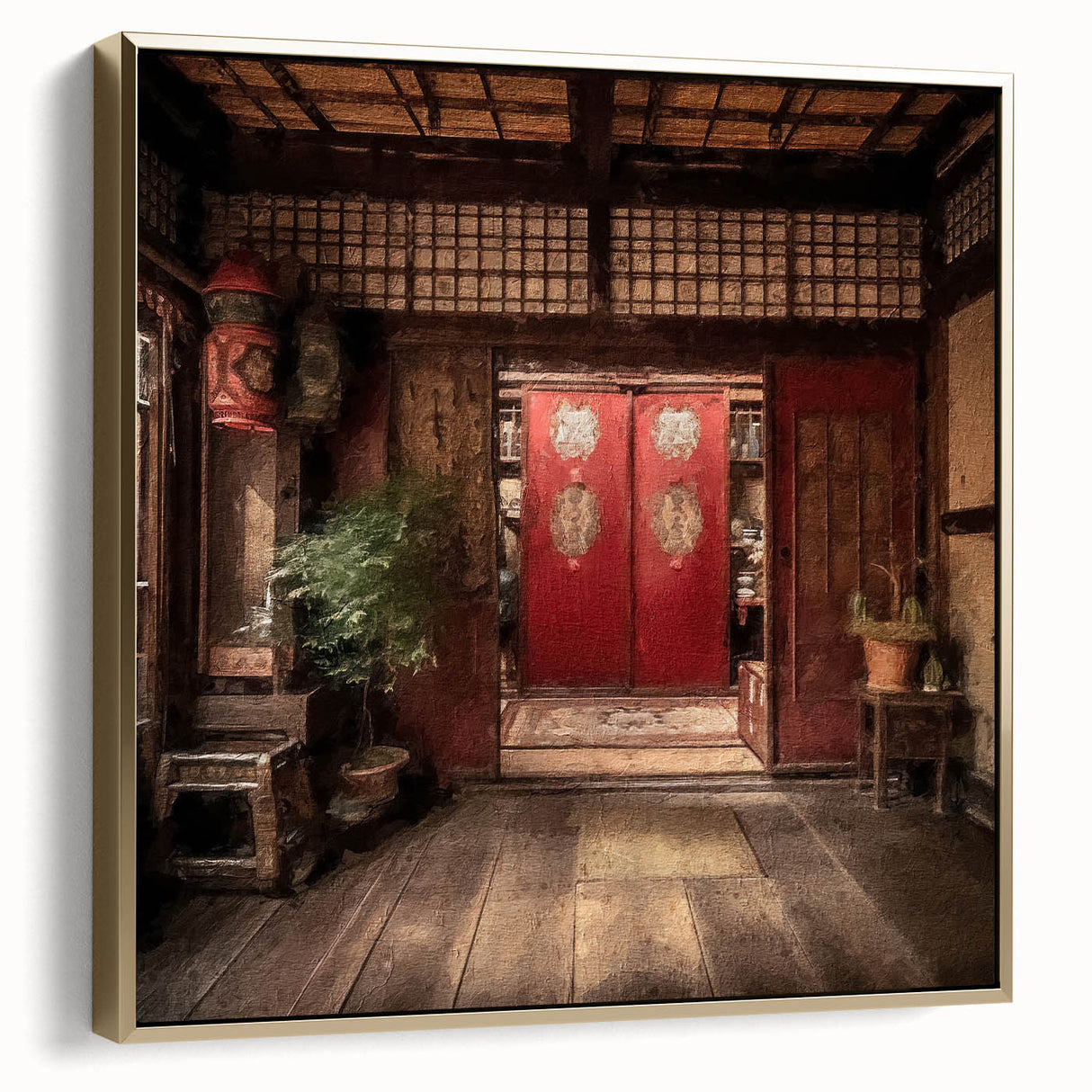 Framed canvas depicting a Japanese door in a landscape, with silver and gold hues, ideal for bedroom wall art.