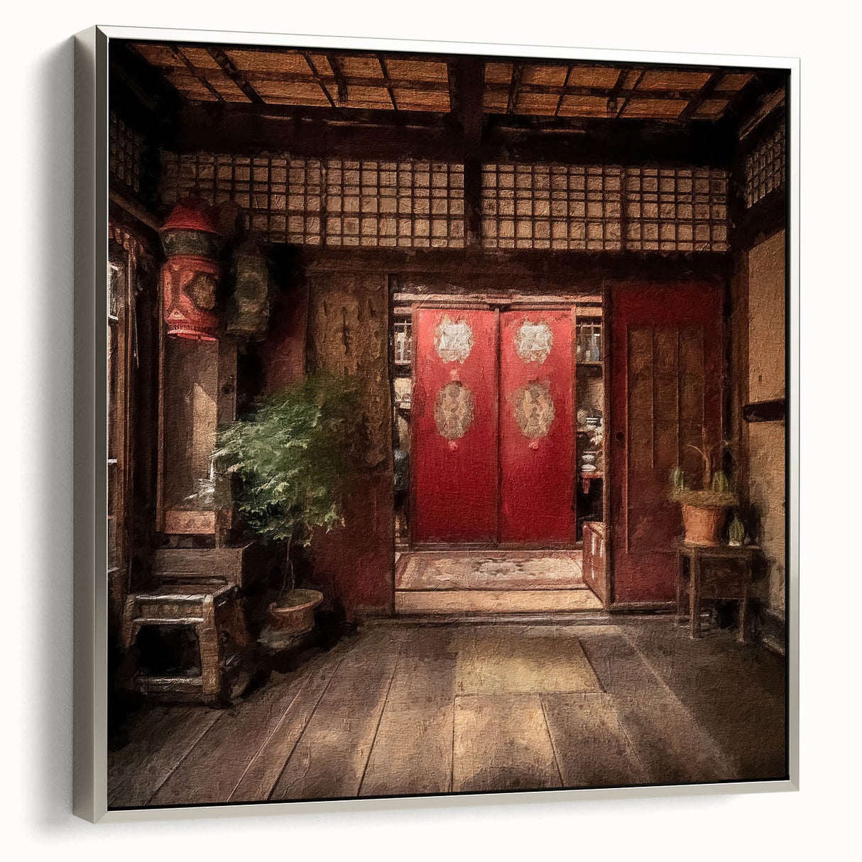Framed canvas featuring a vintage poster art style black door in a colorful Japanese landscape.