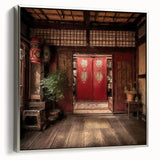 Framed canvas featuring a vintage poster art style black door in a colorful Japanese landscape.