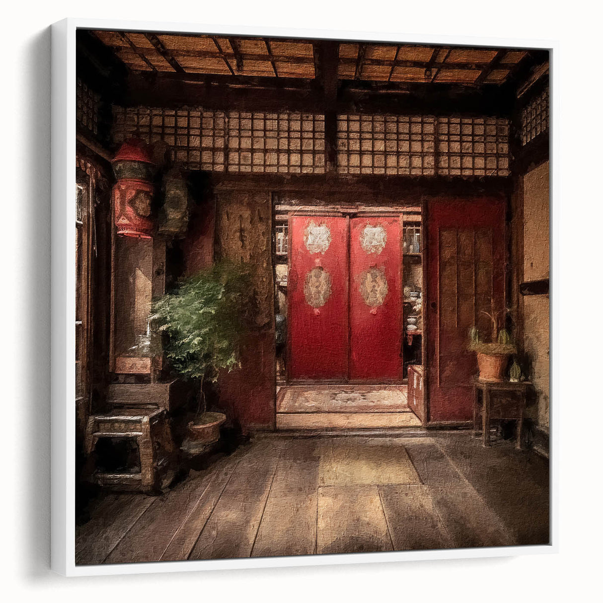 Vintage poster art of a Japanese door, printed on framed canvas with black and colorful accents, ideal for living room decor.