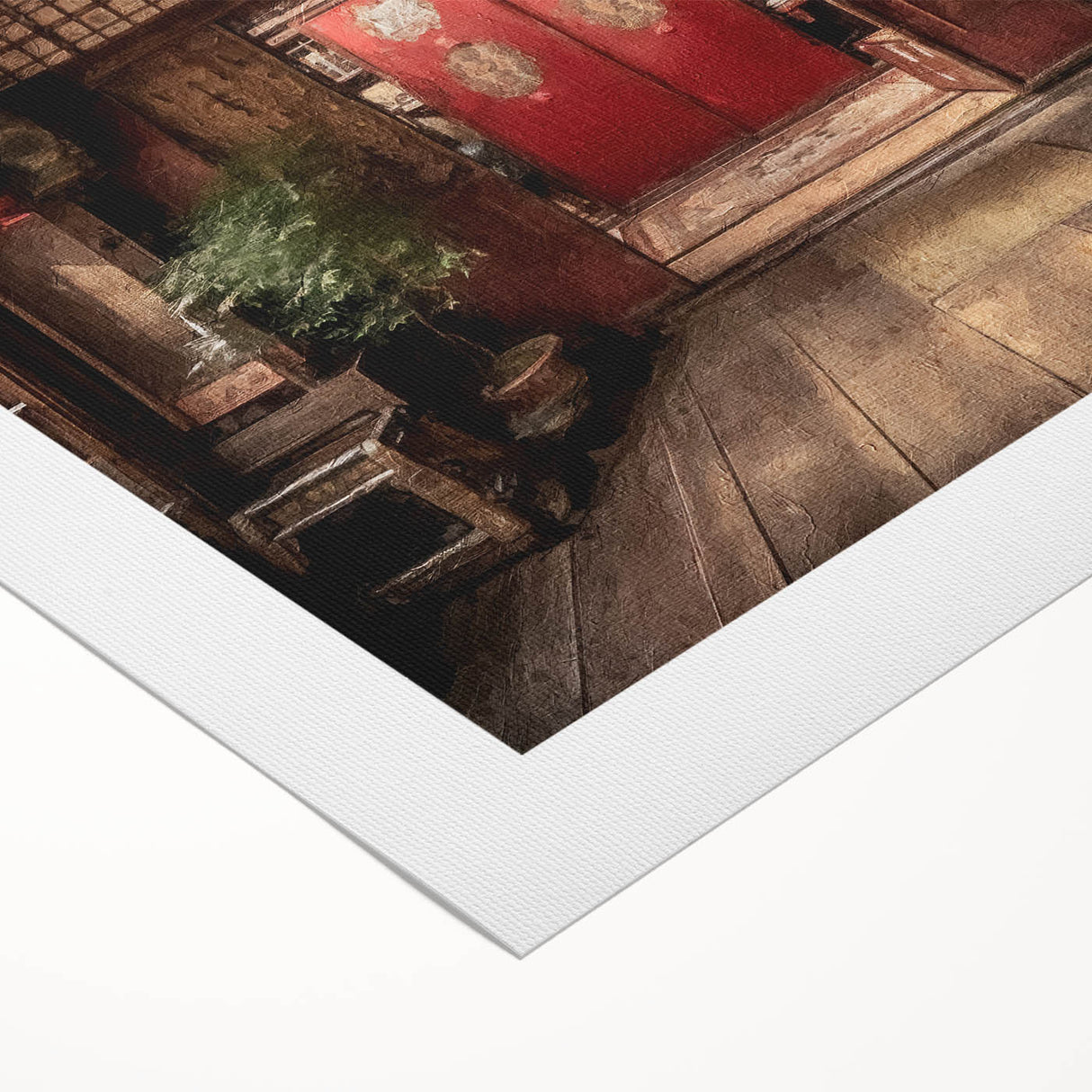 Art Deco poster featuring a Japanese door design on rolled canvas, in muted earth tones.