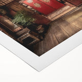 Art Deco poster featuring a Japanese door design on rolled canvas, in muted earth tones.