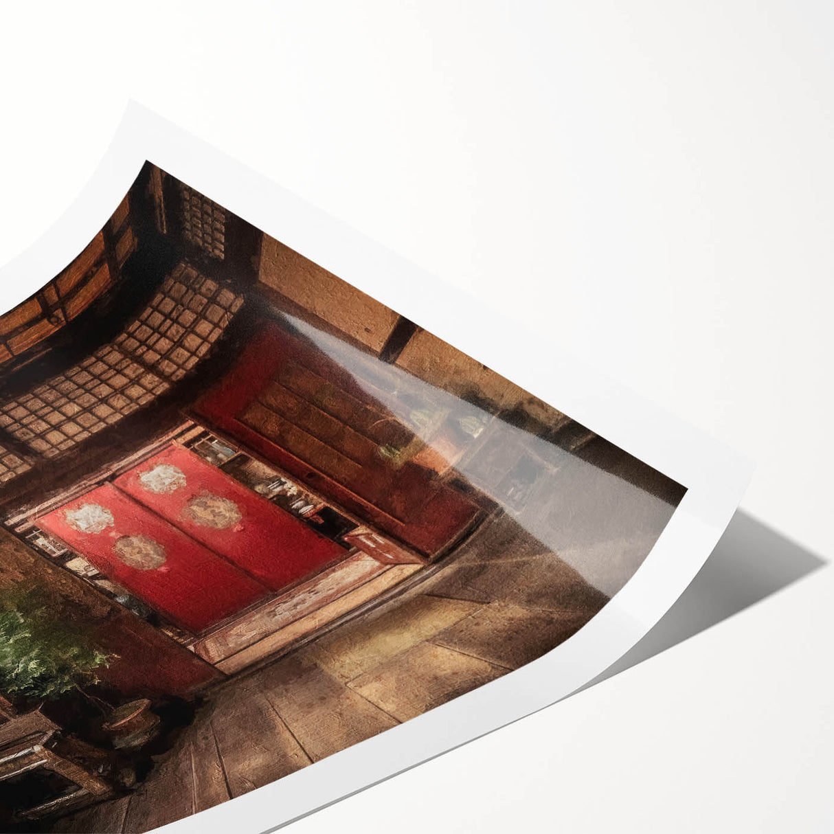 Extra large rolled print of a Japanese door featuring floral line art, set in muted earth tones.