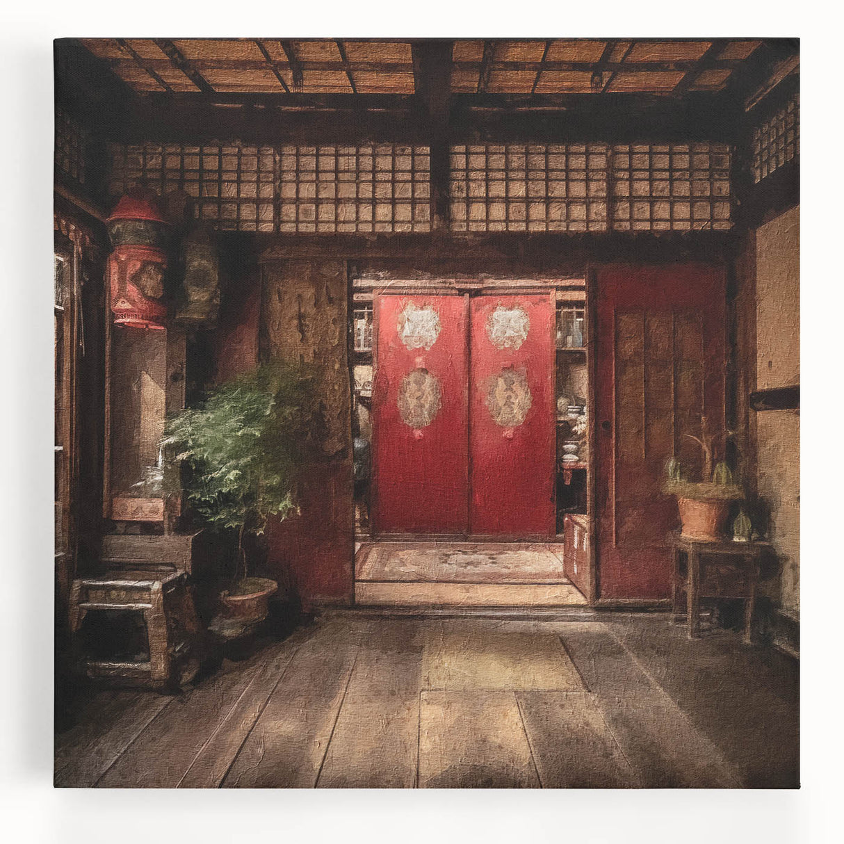 Black and white photograph of a traditional Japanese door on stretched canvas, suitable as large kitchen wall art.