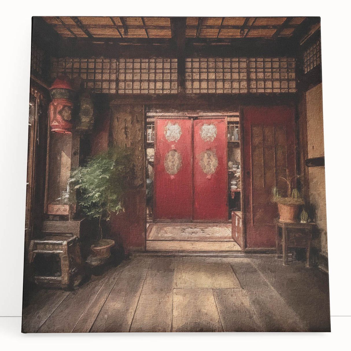 Black and white photograph of a Japanese door on stretched canvas, suitable as kitchen wall art or for bedroom ambiance.