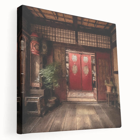 Large art depicting a Japanese door in muted earth tones on stretched canvas, ideal for kitchen wall décor.