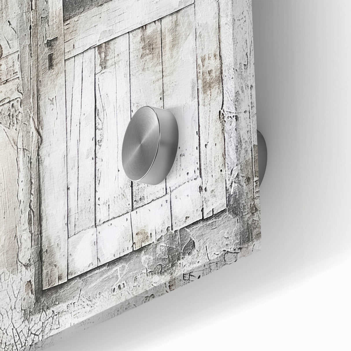 Close-up of a rustic Italian door depicted in mid-century modernist style on large acrylic glass, ideal for dining room art.