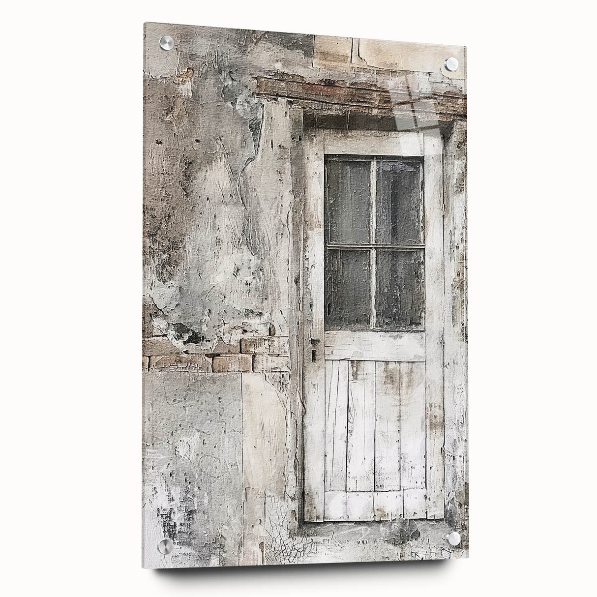 Acrylic print of a rustic Italian door in muted earth tones, ideal for dining room decor.