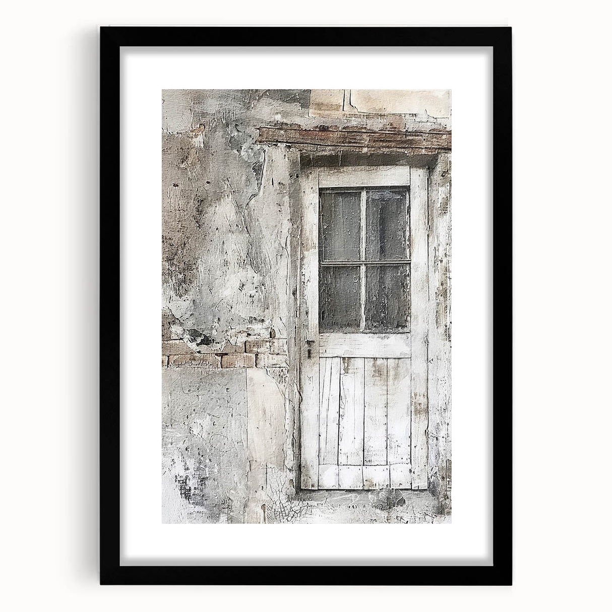 Extra large framed wall art of a rustic Italian door, featuring textured abstract prints in colorful art tones.