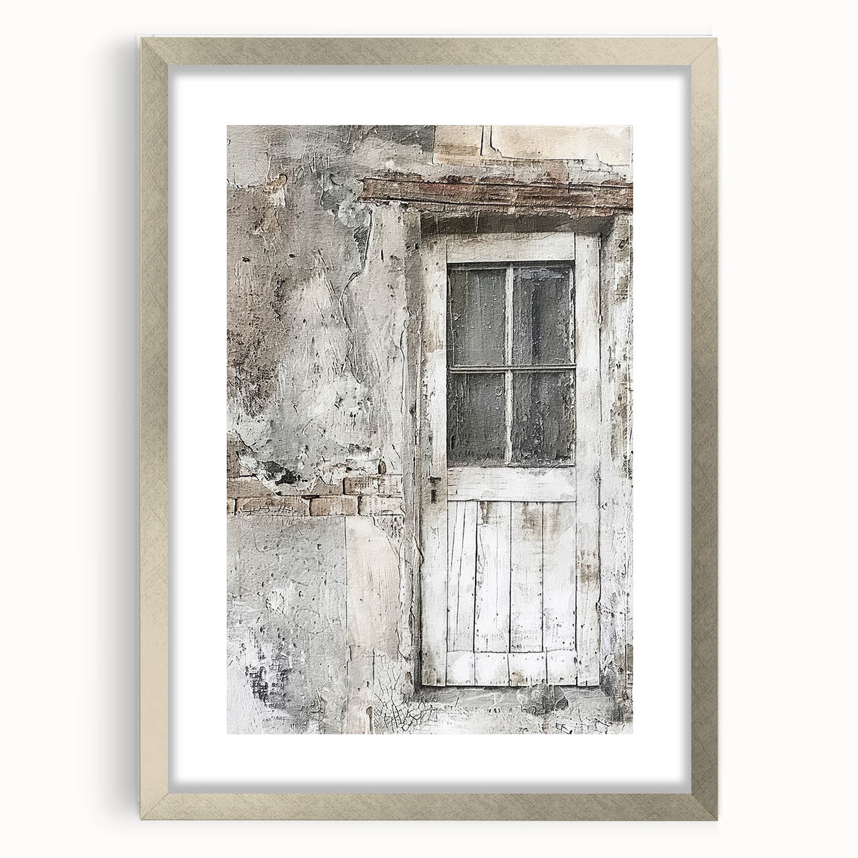 Textured art depicting a rustic Italian door, in muted earth tones on a framed mat, ideal for bedroom ambiance.