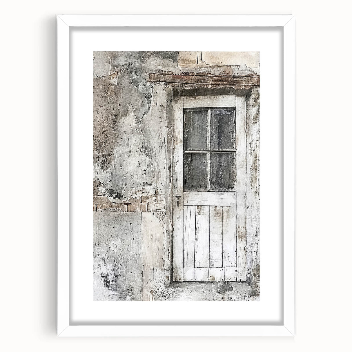 Abstract art print of a rustic Italian door in muted earth tones, framed with a white mat, suitable for dining room decor.
