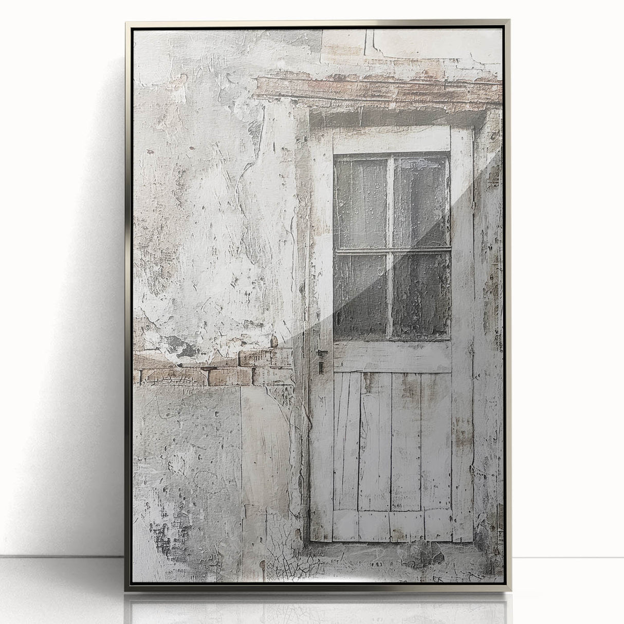 Mid-century modernist art depicting a rustic Italian door in muted earth tones on a framed acrylic print.