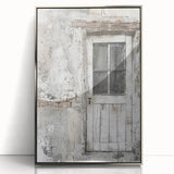 Mid-century modernist art depicting a rustic Italian door in muted earth tones on a framed acrylic print.