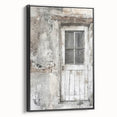 Black and white framed canvas depicting a rustic Italian door, ideal for bedroom wall art.