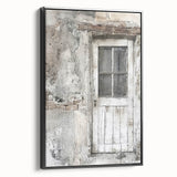 Black and white framed canvas depicting a rustic Italian door, ideal for bedroom wall art.
