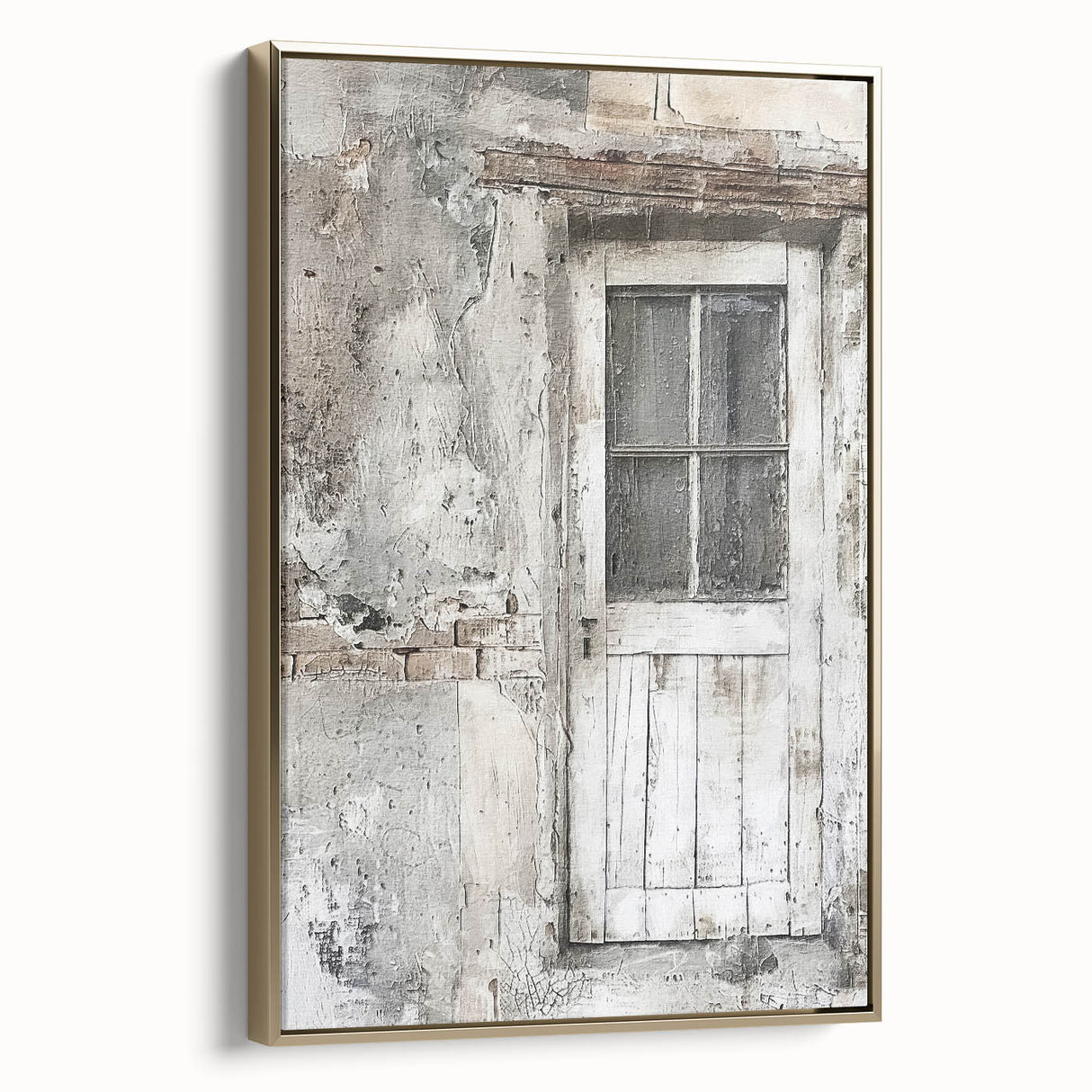 Framed canvas featuring a rustic Italian door in muted earth tones, ideal for bedroom wall decor.