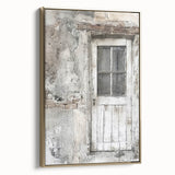 Framed canvas featuring a rustic Italian door in muted earth tones, ideal for bedroom wall decor.