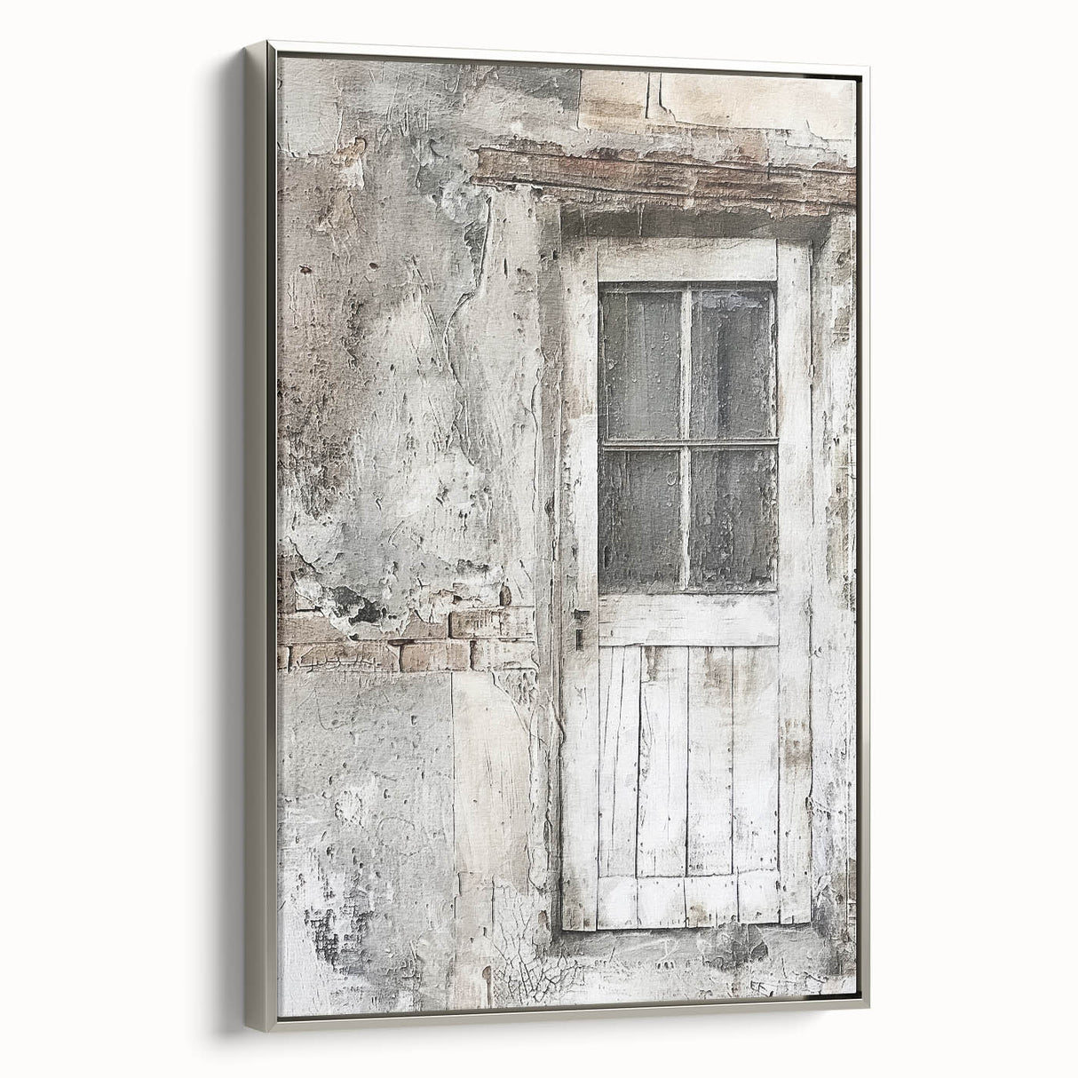 Framed canvas of a rustic Italian door in muted earth tones, ideal for adding a vintage touch to any room.