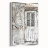 Vintage poster art of a rustic Italian door on a framed canvas, using muted earth tones, ideal for living room decor.
