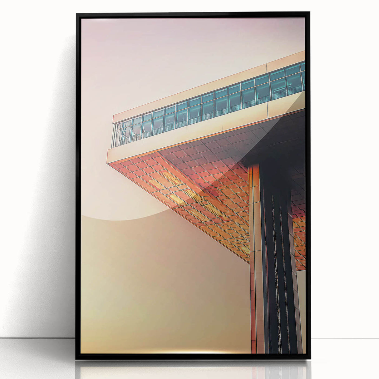 Large abstract wall art featuring geometric shapes in muted gray and blue on framed acrylic.
