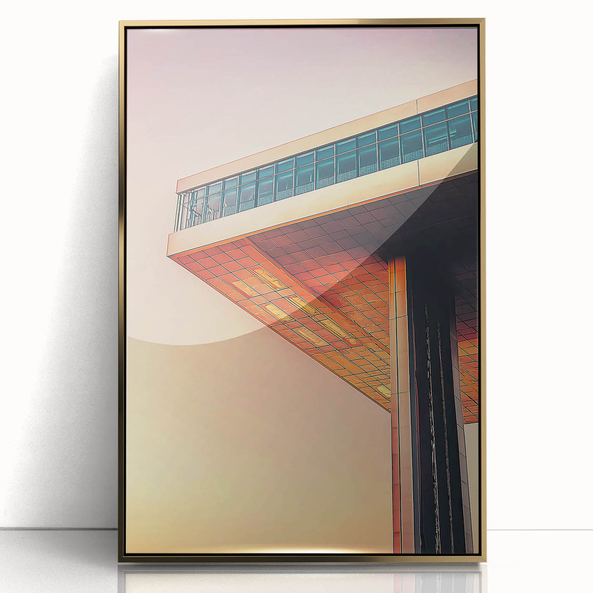 Large art print of a mid-century modernist architectural design in gold tones on acrylic, ideal for modern art wall decor.