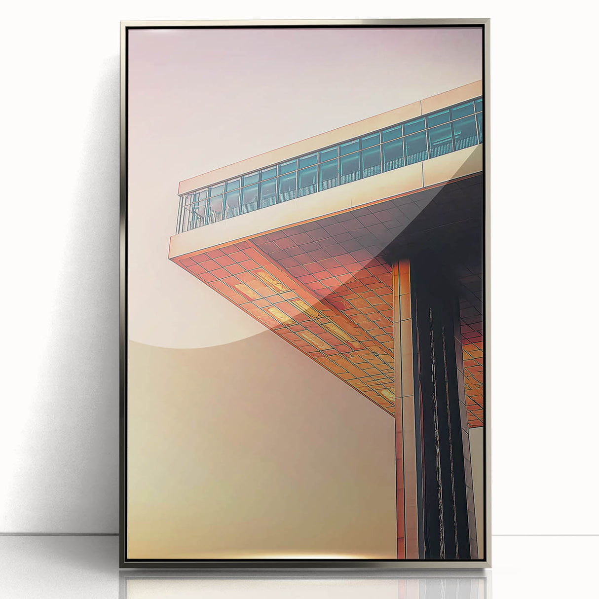 Mid-century modernist art deco poster featuring geometric shapes in muted grays and silvers, ideal for nursery wall art.