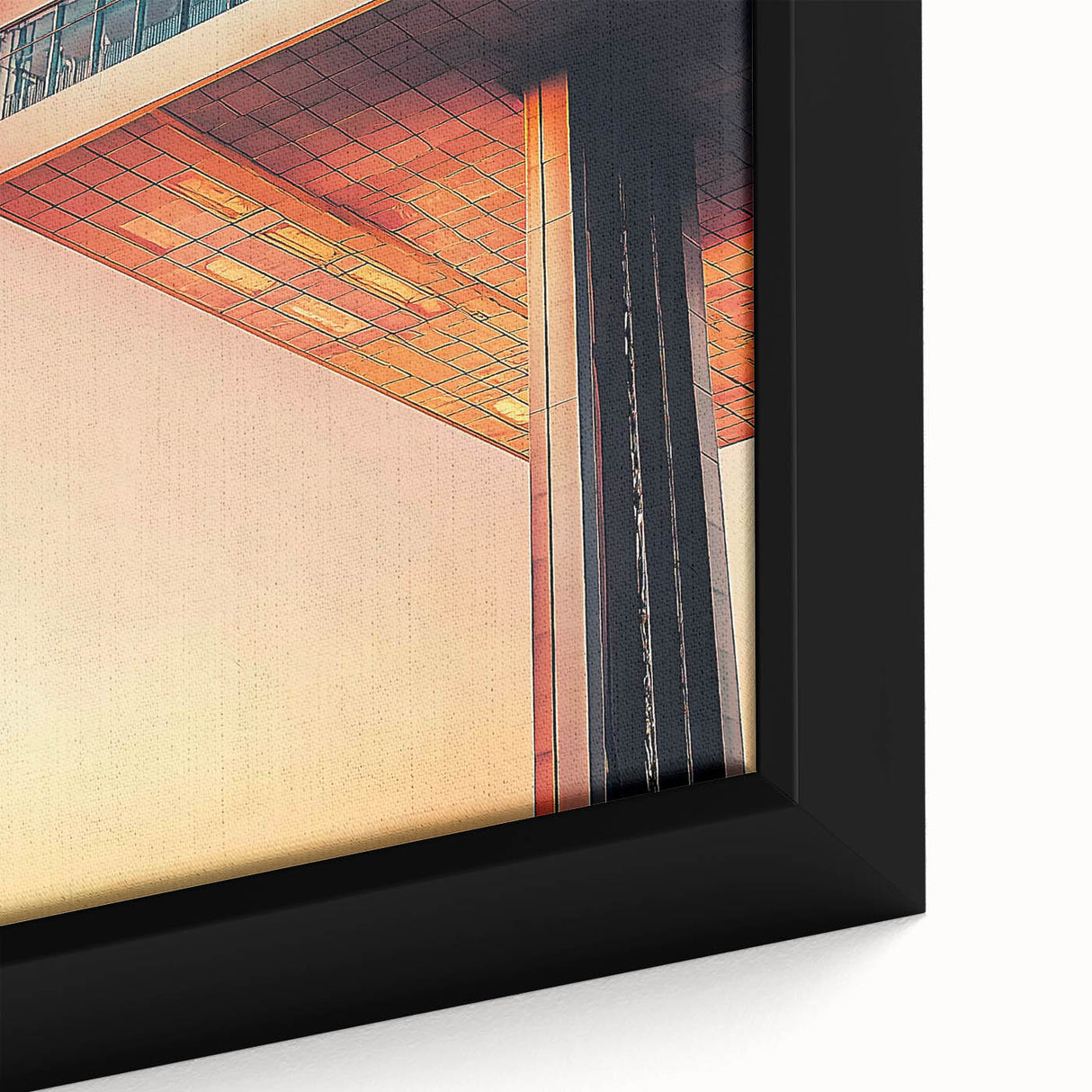 Close-up of a black wall art on framed canvas featuring a colorful, textured abstract design.