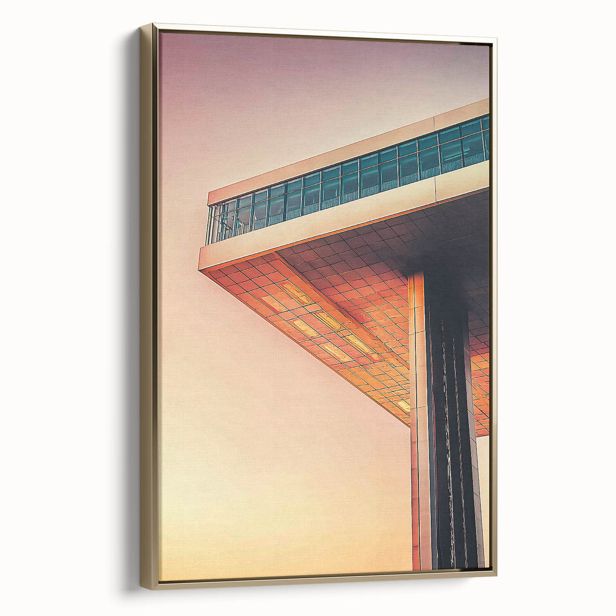 Framed canvas depicting a vintage-style landscape painting in black and gold, ideal for bedroom wall art.